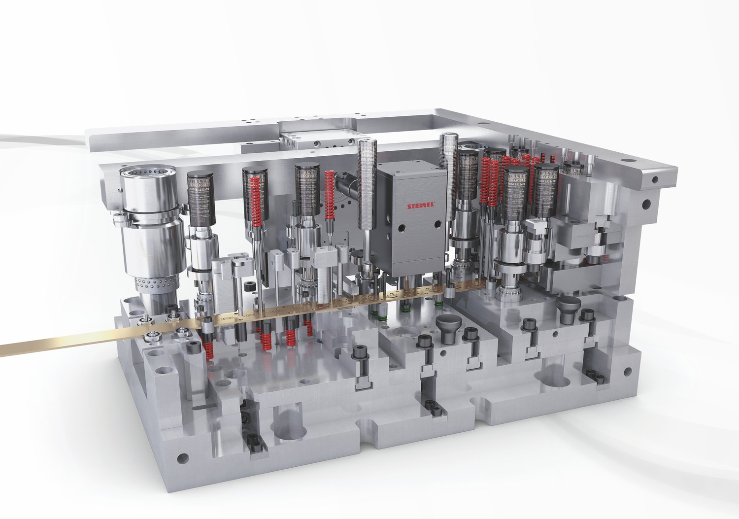 A fully-equipped progressive stamping die — guide units, nitrogen cylinders and die springs
